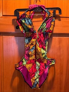 Women’s Multicolor Butterfly One-Piece Swimsuit - XOXO Size Large
